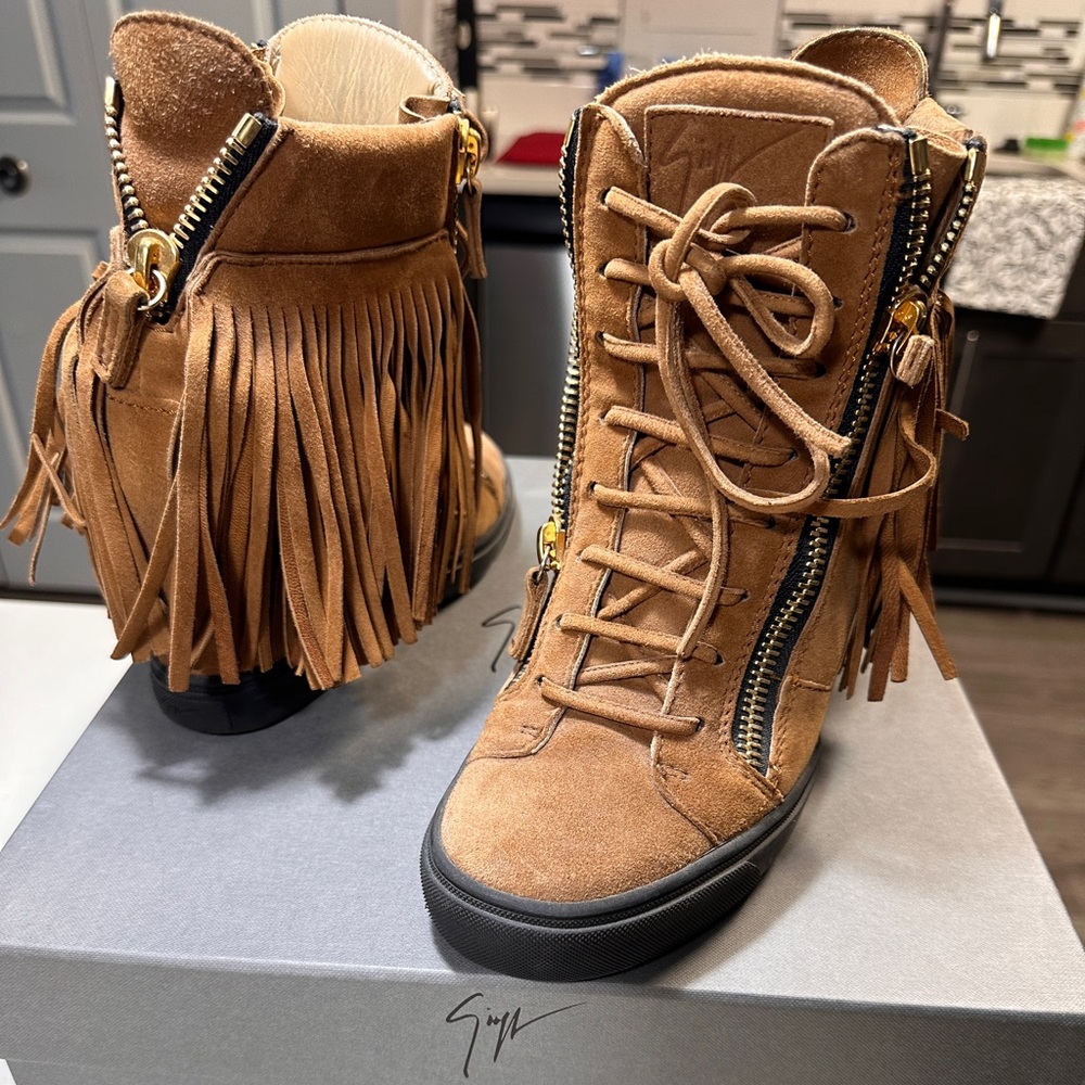 Giuseppe Zanotti Brown Suede Lorenze Fringe Wedge Sneakers Size 39.5